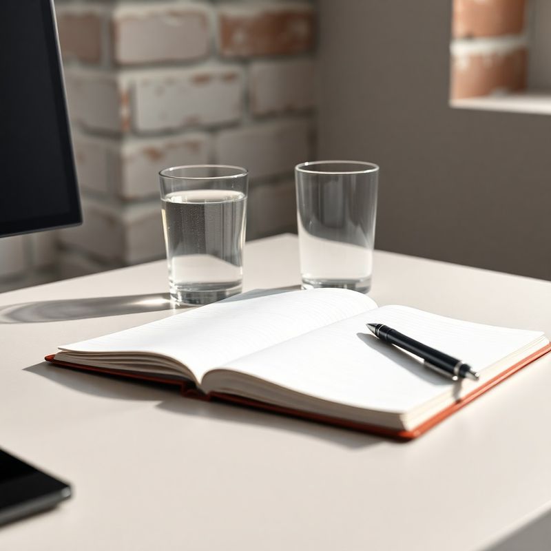 Rustig bureau met notitieboek en glas water in noordelijk licht